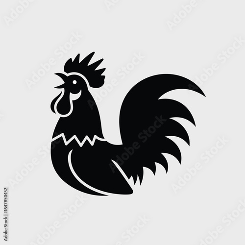 Stylized rooster icon crowing. Simple black cockerel silhouette for a farm, food brand, or restaurant logo. Vector graphic symbol of the morning, isolated on a light grey background.