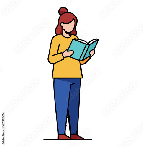  Minimal Flat Vector Female Reader Standing with Open Book
