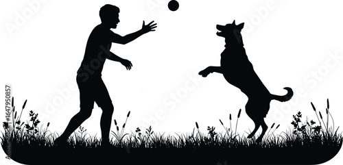 Silhouette, man playing with dog, throwing ball, outdoor activity, pet lofun, nature background, active lifestyle, leisure time, bonding moment, black vecto
