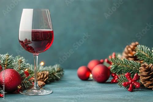 Festive Red Drink in a Glass Surrounded by Christmas Decorations and Pinecones.