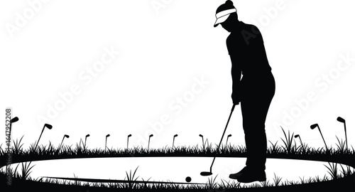 Silhouette, woman playing golf, putting ball, golf course scene, grassy field, summer sport, leisure