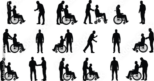 Silhouettes of caregivers assisting people in wheelchairs, disability support, healthcare, medical aid, patient care, rehabilitation, and accessible mobility assistance scenes