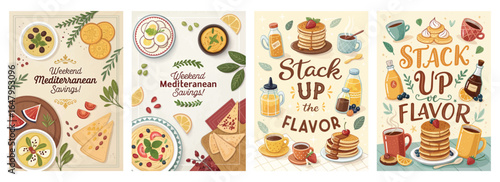 Colorful illustrations of Mediterranean dishes and breakfast items, promoting weekend flavor enjoyment.