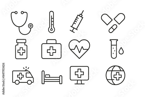 Collection of healthcare icons representing medical tools, emergency services, and wellness activities in a minimalist style