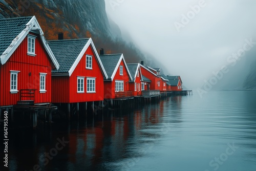 Red Wooden Cabins Reflect on Still Water in a Foggy Landscape During Early Mo...