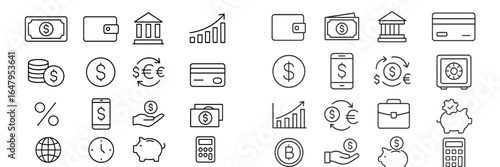 Icons representing financial concepts and transactions in a minimalist style for digital design or educational purposes