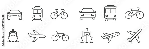 Various modes of transportation depicted in simple line art with different vehicles such as cars, bicycles, trains, airplanes, and boats