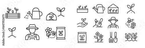 Gardening symbols and icons for planting and nurturing plants in diverse activities and environments