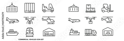 Collection of commercial vehicle icons showcasing various modes of transport and equipment used in logistics and shipping activities
