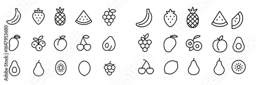 Various hand-drawn fruit icons arranged in neat rows on a white background showcasing design diversity