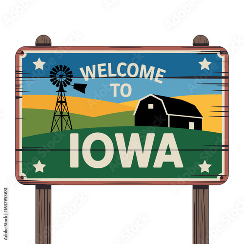 Classic Welcome to Iowa Sign with Farmland, Barn, and Windmill
