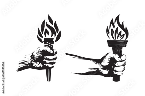 Two hands holding burning torches in a stylized black and white illustration