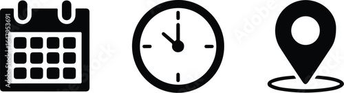 Bold black icons of calendar, clock, and location pin representing date, time, and place information