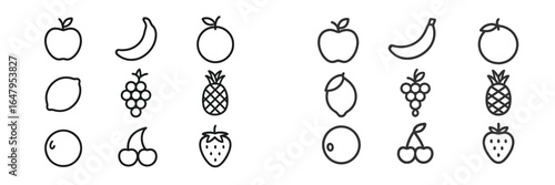 Various fruit illustrations arranged in a grid with simple outlines and no colors on a light background