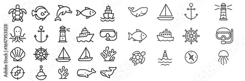 Collection of maritime-themed line icons showcasing sea creatures, boats, and underwater activities in a minimalist design