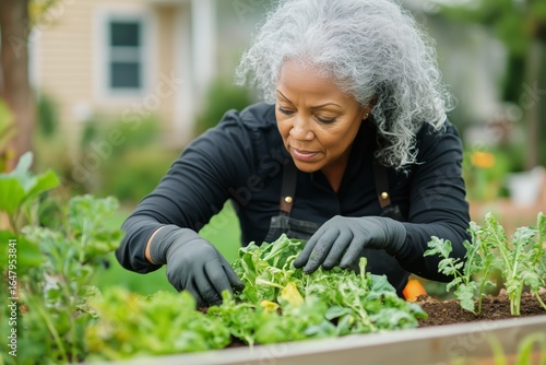 Elderly Woman Tending to a Vegetable Garden in a Suburban Backyard During the...