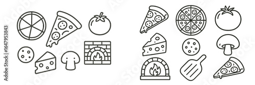 Collection of hand-drawn pizza ingredients and baking tools on a white background