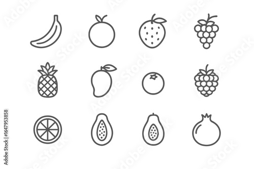 Colorful fruits displayed in a grid featuring bananas, oranges, strawberries, and more on a white background