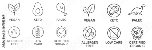 Various dietary icons representing vegan, keto, and paleo lifestyles along with certification symbols