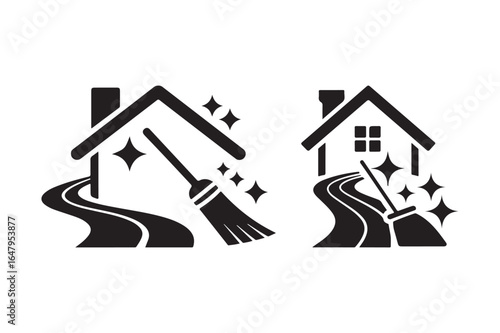 Sparkling clean home with broom and mop icon