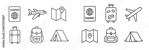 Travel essentials for planning an adventure including passport, maps, luggage, and backpacks displayed as line icons