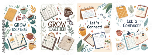 A colorful collection of stationery and inspirational notes promoting collaboration and organization.
