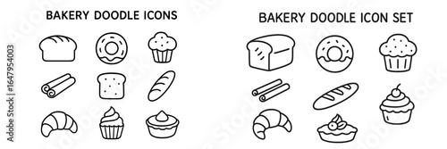 Bakery doodle icon set featuring various baked goods in simple style