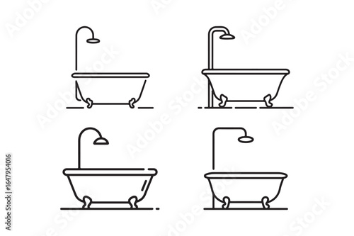 Four outline bathtub illustrations with shower heads