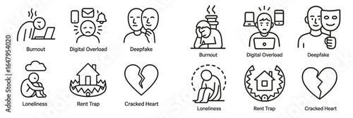 Icons representing modern emotional challenges including burnout, digital overload, and loneliness in contemporary society