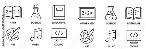 Educational symbols representing various subjects including math, science, literature, art, music, and coding displayed in a grid layout