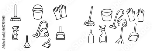 Various cleaning tools and supplies arranged in a minimalist style for effective home maintenance and sanitation activities