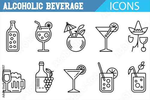 Icons for alcoholic drinks, cocktail glasses, and beer mugs