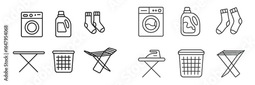 Laundry supplies and equipment arranged neatly in a minimalist style on a white background