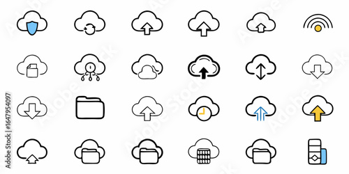 Collection of cloud computing icons depicting data transfer and storage solutions for digital information needs