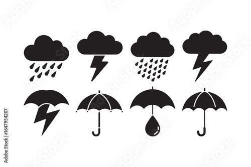 Collection of weather icons featuring clouds rain lightning and umbrellas