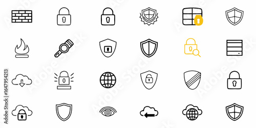 Illustration of security and network icons including firewalls and locks in a vector graphic style