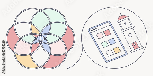 Overlapping circles in pastel colors with a website interface and lighthouse illustration inside circle