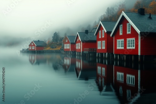 Red Wooden Cabins Reflect on Still Water in a Foggy Landscape During Early Mo...