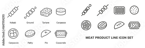 Meat product line icon set featuring various types of meat preparations and dishes for culinary design
