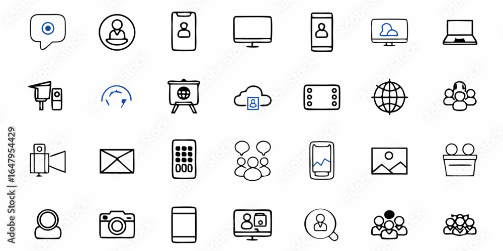 Illustration showing multiple communication and technology icons in a simple black and white style
