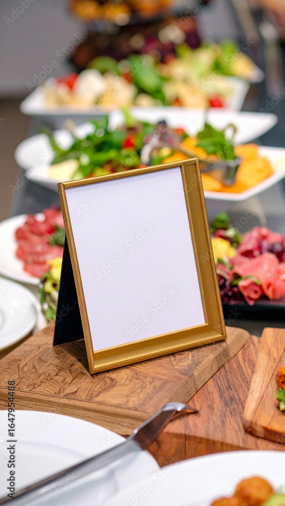 Fototapeta premium Buffet Table Display with Blank Gold Frame Salad and Meat Selections