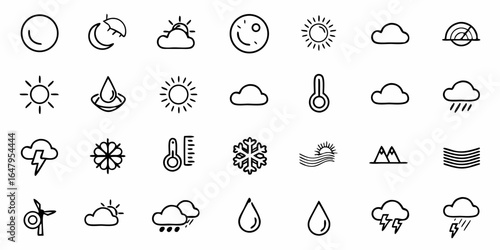 Collection of weather icons including sun moon clouds rain snow wind and temperature in black and white style