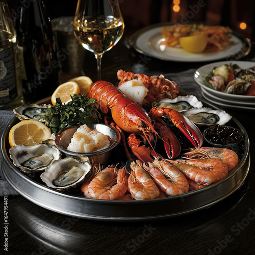 Elegant Seafood Platter with Lobster, Shrimp, and Oysters on Silver Tray