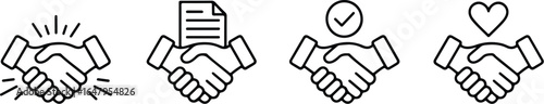 bold handshake icons set with agreement, approval, and trust symbols in black