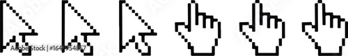 Pixelated computer cursor and hand pointer icons in retro style for navigation and selection