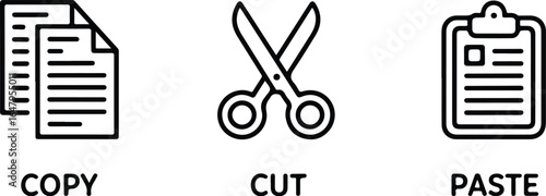 copy cut paste icon set with document and clipboard symbols in line style