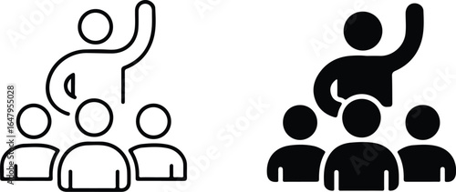 Outline and solid team icons showing leader raising hand among group of three people