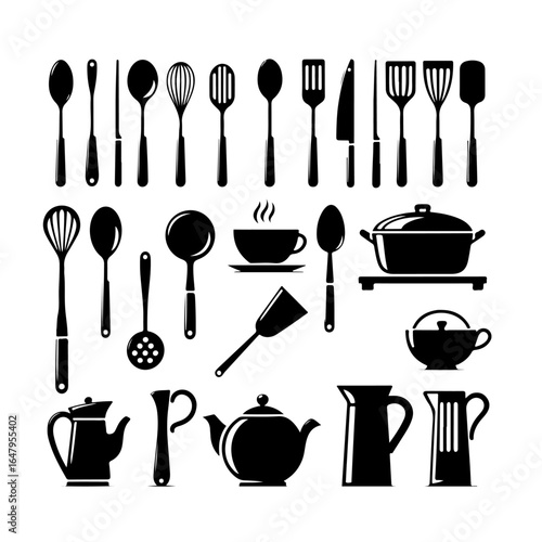 set of Kitchen utensils silhouette , set of Kitchen utensils vector
