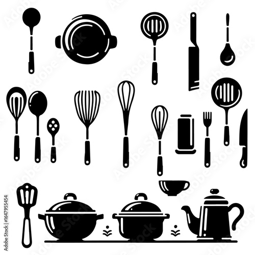 set of Kitchen utensils silhouette , set of Kitchen utensils vector
