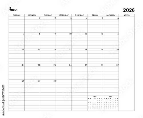 June 2026 Minimalist Printable Calendar Page with Notes Section